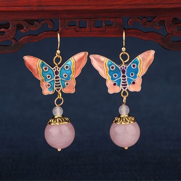 Jewelry - Gold Plated Love Agate Enamel Butterfly Earrings